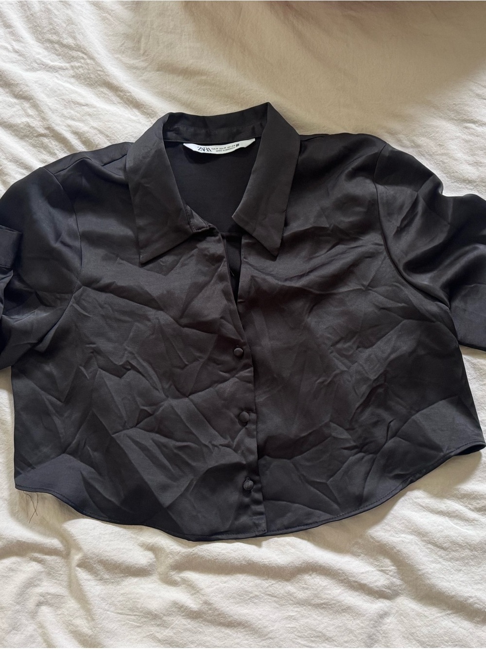 Zara Black Satin Button-Front Crop Shirt